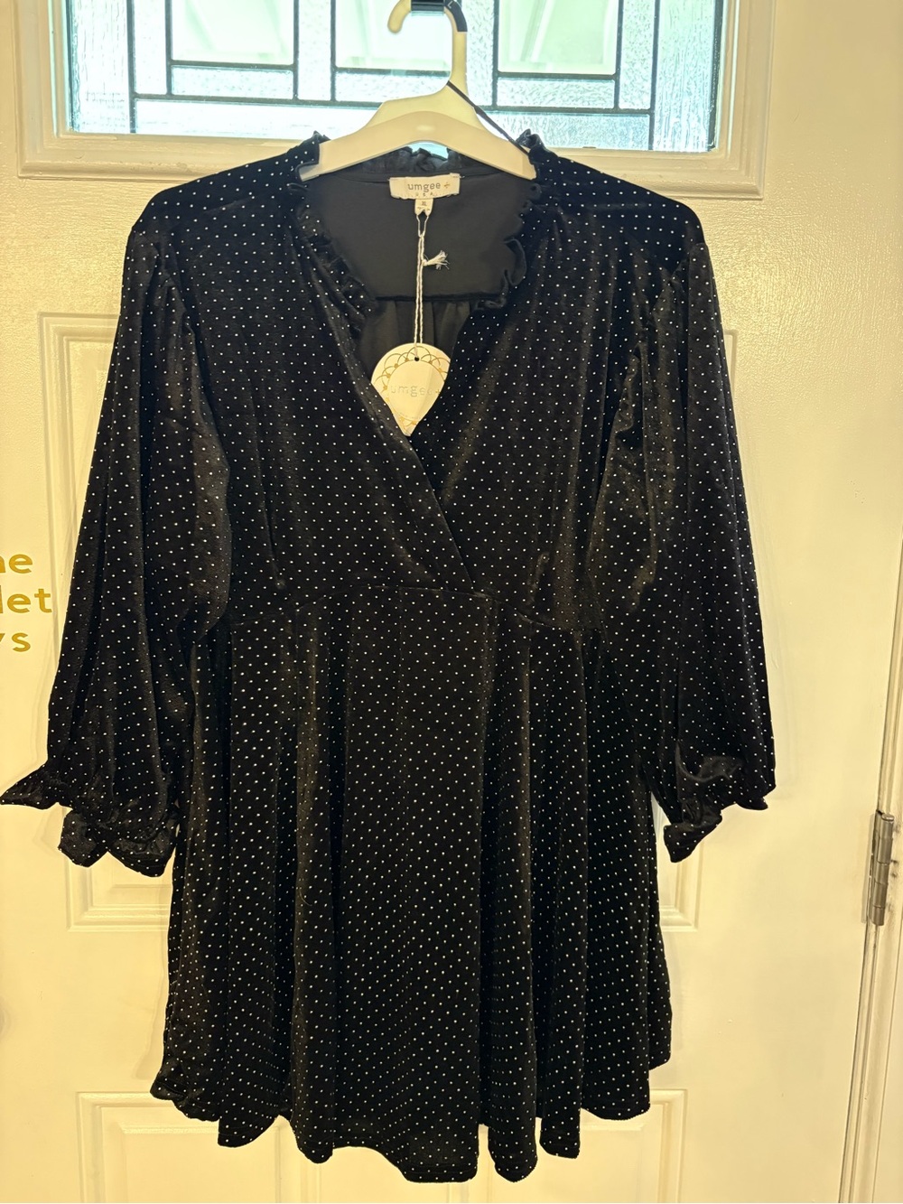 Umgee Black Velvet Polka Dot Long Sleeve Wrap-Style Dress